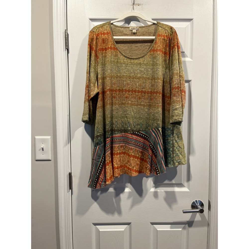 One World Mixed Print Asymmetrical Hem Tunic Top 3/4 Sleeve 3X